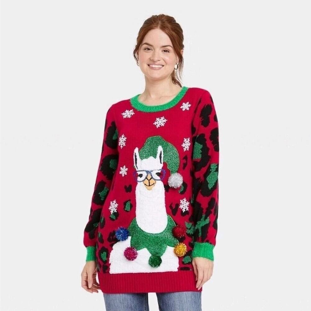 33 Degrees Llama Red Ugly Christmas Sweater Metallic Holiday Party Size M